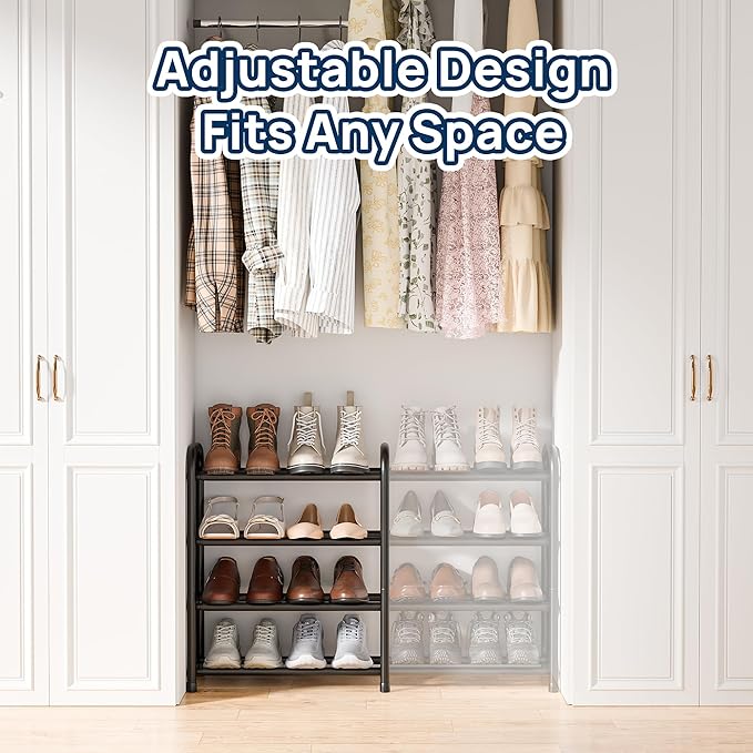 ENJOYBASICS Expandable Shoe Rack, 4 Tier Adjustable Shoe Organizer Shelf for Closet, Black Metal Free Standing Shoe Rack Storage for Small Space, Entryway-NeatNest