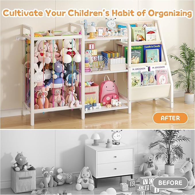 B1 Kids Bookshelf and Toy Storage, 3-Tier Book Shelf for Kids Rooms, Sling Baby Bookcase with Stuffed Animal Storage, Montessori Toddler Bookshelf for Nursery, Bedroom, Playroom, White