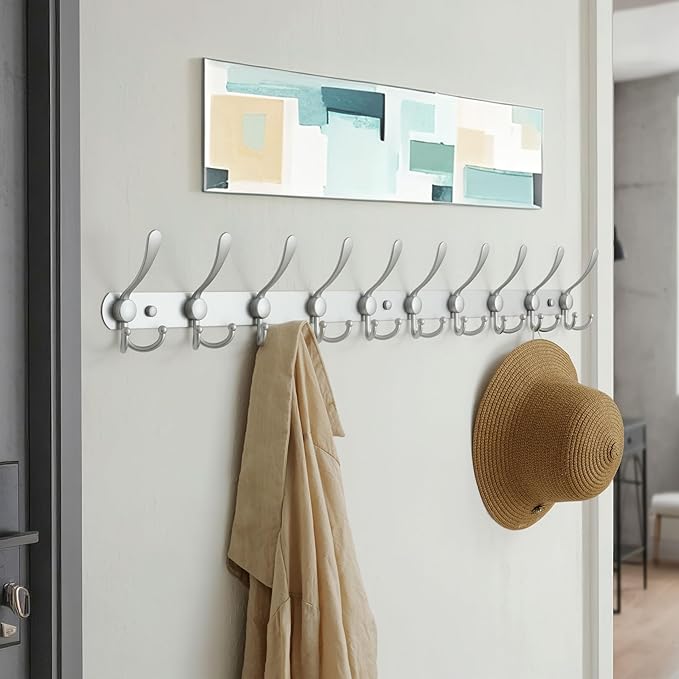 Dseap Coat Rack Wall Mount - 38” Long 10-Tri-Hooks Heavy Duty Coat Hanger Rail Wall Hooks for Hanging Coats Hats Clothing Clothes Purse Mudroom Entryway, Silver-NeatNest