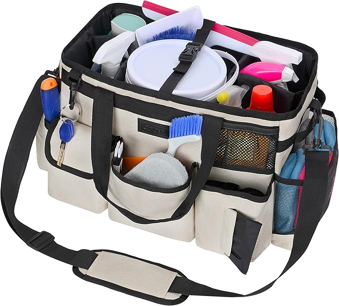 Cleaning Caddy Organizer with Handle - Large Caddy Bag for House & Bathroom Cleaning Supplies, 15 x 8 x 10.5 inches Cleaning Supply Caddy, Housekeeping Tote with Adjustable Strap - Beige-NeatNest