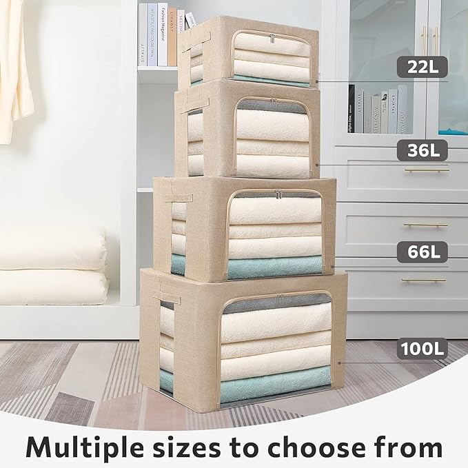 2 Pack Clothes Storage Bins Stackable Metal Frame Storage Box Foldable Linen Fabric Box Organizer with Carrying Handles and Clear Window (Beige, 15.7x 11.8x 11.7 Inch)-NeatNest