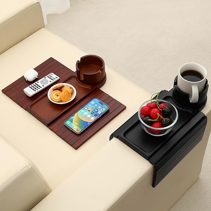 Couch Cup Holder Tray, 15.75" Bamboo Cup Holder for Couch, 3 in 1 Foldable Arm Chair Clip on Side Tray Table for Remote Snack Table on Armrest-NeatNest