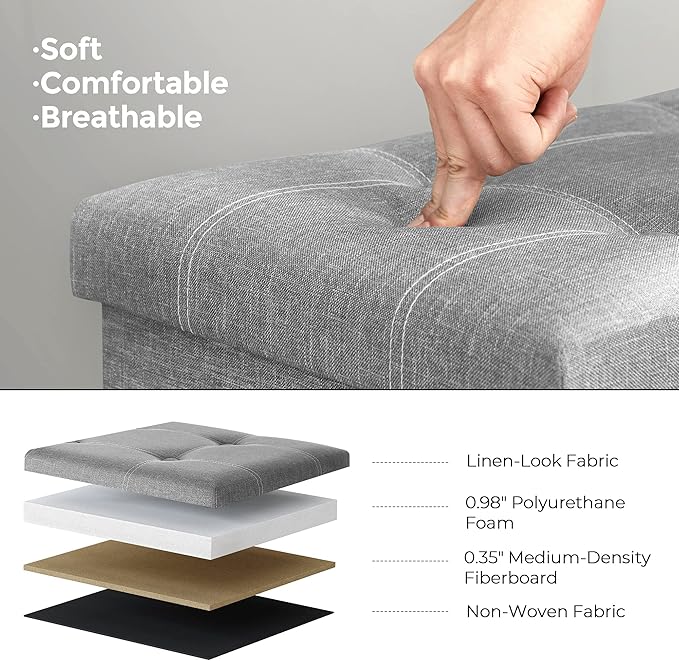 SONGMICS MAZIE Collection - 30 Inches Ottoman Storage Bench, 21 Gal. Folding Chest with Breathable Linen-Look Fabric, Load up to 660 lb, for Entryway, Living Room, Bedroom, Light Gray ULSF001G02-NeatNest