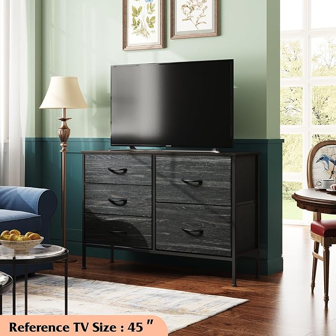 WLIVE Dresser for Bedroom with 5 Drawers, Wide Dressers with Drawer Organizers, Chest of Drawers, Fabric Dresser for Living Room, Closet, Hallway, Charcoal Black Wood Grain Print-NeatNest