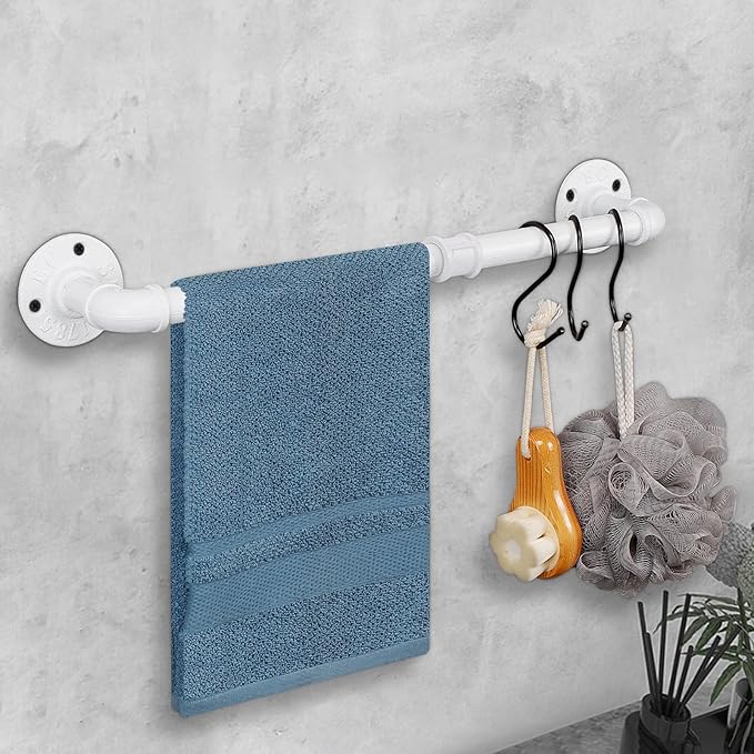 Industrial Pipe Towel Rack Towel Bar, Heavy Duty Wall Mounted Rustic Farmhouse Bath Towel Holder for Bathroom (White, 18 inch)