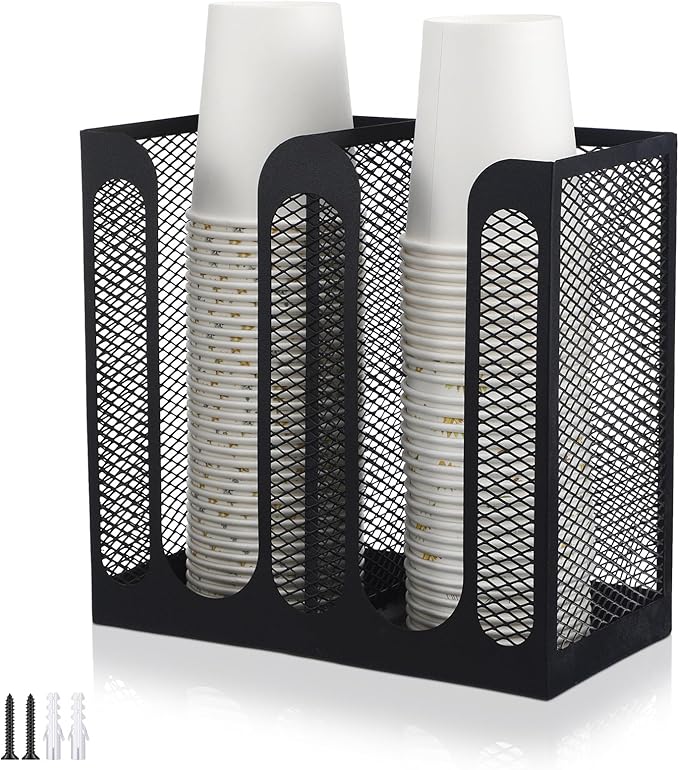 Maxcheck Metal Mesh Cup and Lid Holder Coffee Paper Cup Dispenser Lid Holder Storage Organizer Countertop or Wall Mount for Coffee Bar, Kitchen, Breakroom(2 Compartments)