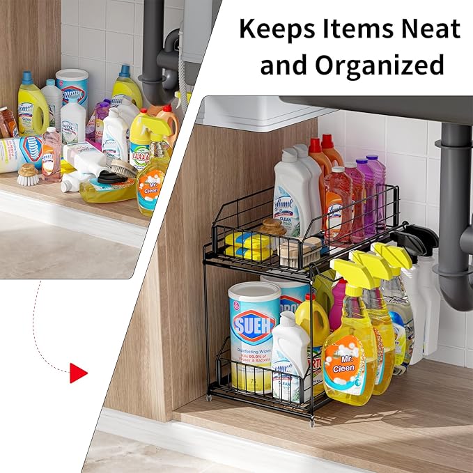 SUEH DESIGN Under Sink Organizers and Storage, 2 Tier Metal Under Sink Storage with Hanging Rail for Kitchen Bathroom Cabinet Organizer, 2 Pack-NeatNest