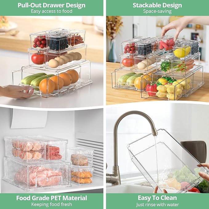 14Pack Fridge Organizer Bins, Clear Refrigerator Organizing Containers with Lids and Refrigerator Drawers, Stackable Food, Vegetable and Fruit Containers for Fridge Organizers and Storage