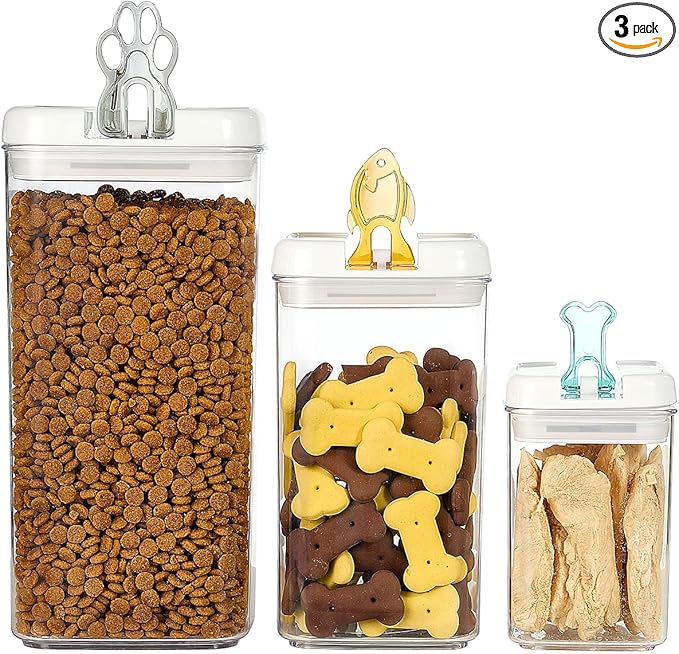 Felli Flip Tite Pet Food Container with Airtight Lids, BPA FREE Acrylic Canister with Paw Bone Fish Flip Top Handles for Cat Dog Kibble Treats Storage, Keep Fresh (Pet Collection Nest-L3pk)-NeatNest