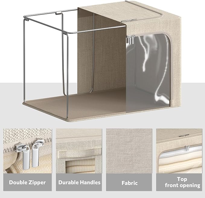 4 Pack Clothes Storage Bins with Metal Frame - Linen Fabric Foldable Stackable Container Organizer Set with Clear Window & Carry Handles & Zippers (Beige, 23.6"x16.5"x15.7")-NeatNest