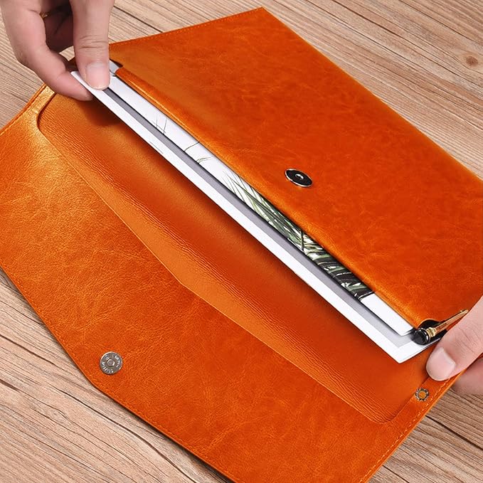 Enyuwlcm PU Leather A4 File Folder Document Holder Envelope Folder Case with Snap Closure for Receipt Contract Orange
