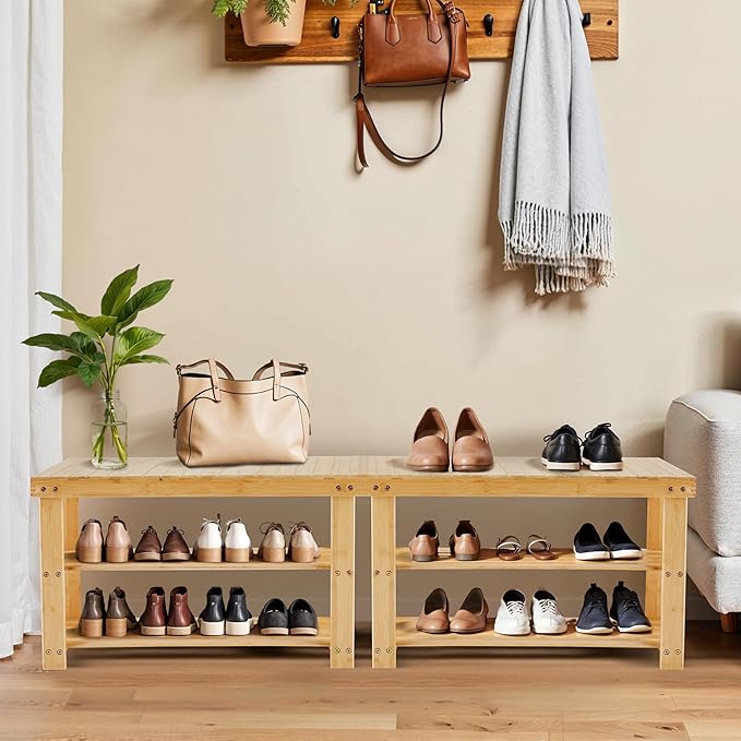 Simple Deluxe Shoe Rack Bench, 3-Tier Bamboo Storage Organizer, 286lb Capacity Entryway Bench for Front Door, Bedroom, Living Room, Bathroom, Balcony, Stylish Shoes Wood (11.3 x 27.6 x 17.8 Inches)