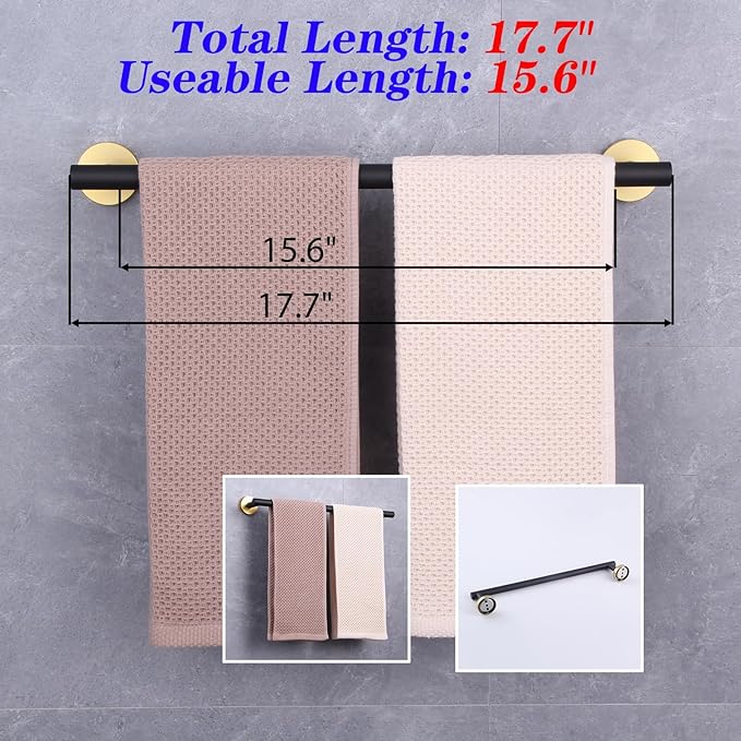 GERZWY SUS 304 Stainless Steel 18-Inch Bathroom Towel Bar Modern Round Style Bath Towel Bar Wall Mount (Black & Gold) AG1101C45-BD