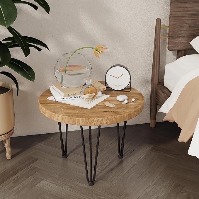 Fun Memories Round Coffee Table - Elm Wood Nesting Table with Metal Legs & Non Slip Feet Base - Rustic Nesting End Tables for Living Room Bedroom - 20" D x 20" W x 16" H - Natural Color
