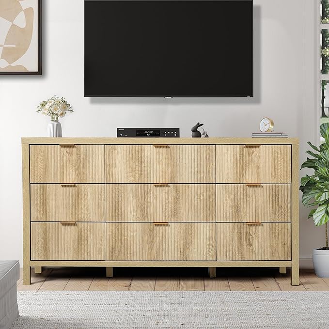 9 Drawer Dresser Cabinet, Long Nightstand with Drawers and Storage Cabinet, Boho Solid Wood Dresser TV Stand, Mid Century Modern Nightstand with 9 Drawer Dresser for Bedroom Closet (Natural)