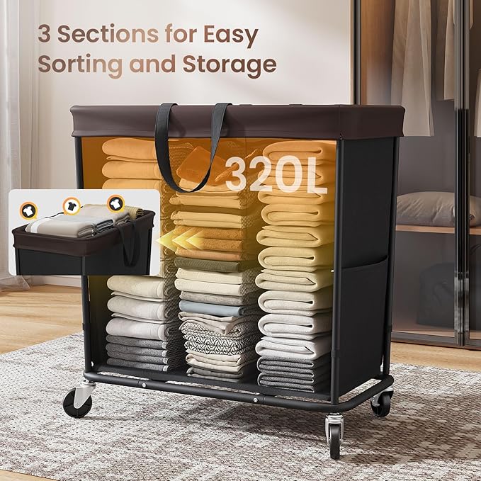 320L Laundry Basket with Wheels, 3-Section Rolling Hamper for Laundry, Extra Large Laundry Hamper with Wheels, Clothes Hamper Rolling Laundry Basket for Home, Bathrooms and Dorm(Black)