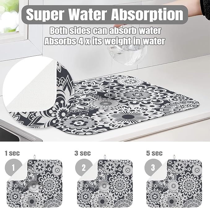 Dish Drying Mat for Kitchen Counter Large 16" x 18" Mandala Absorbent Microfiber Dishes Drainer Rack Mats Pad Reusable Washable