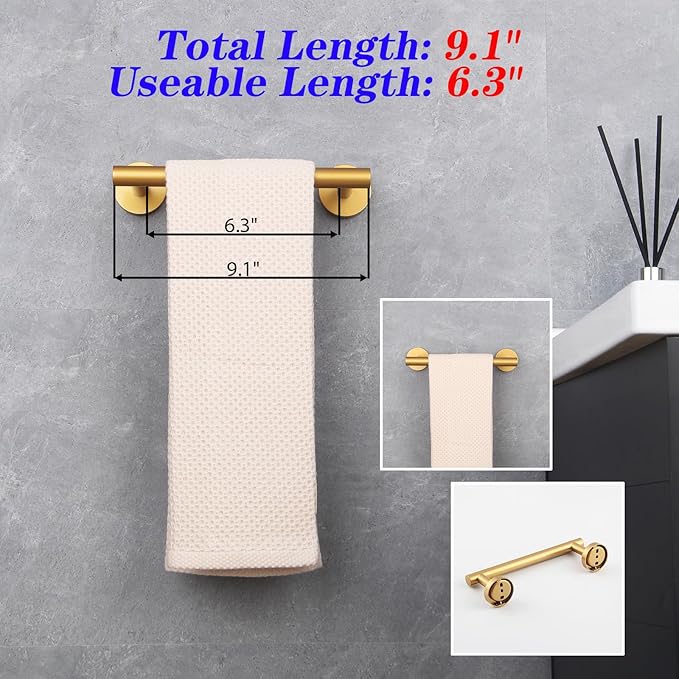 GERZWY 9-Inch Bathroom Towel Bar Gold Stainless Steel Bath Hand Towel Holder Modern Round Style Wall Mount AG1101C23-BE