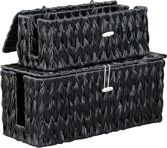 Black Cable Management Box,2 Pack Large & Medium Rattan Cable Organizer Box for Power Strip,2 Open Slots Cords Hider Box for TV Wires, Computer, Router, USB Hub and Under Desk Power Strip-NeatNest