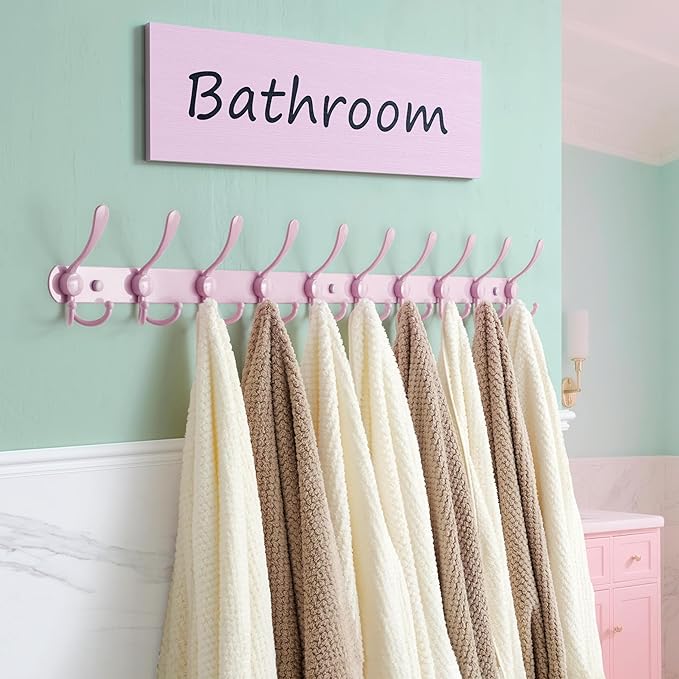 Dseap Coat Rack Wall Mount - 38” Long 10-Tri-Hooks Heavy Duty Coat Hanger Rail Wall Hooks for Hanging Coats Hats Clothing Clothes Purse Mudroom Entryway, Pink, Pack of 2-NeatNest