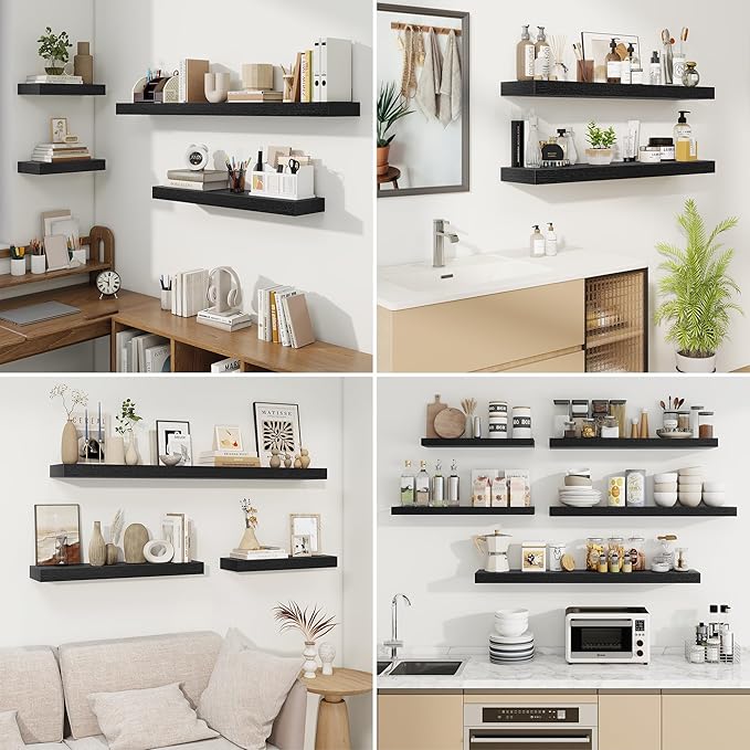 fuqing Floating Shelves for Wall, Bathroom Shelf Wall Mounted for Storage, Shelves with Invisible Bracket for Bedroom, Kitchen, Living Room, Farmhouse Small Book Shelf, 40 Inch Set of 2, Black-NeatNest