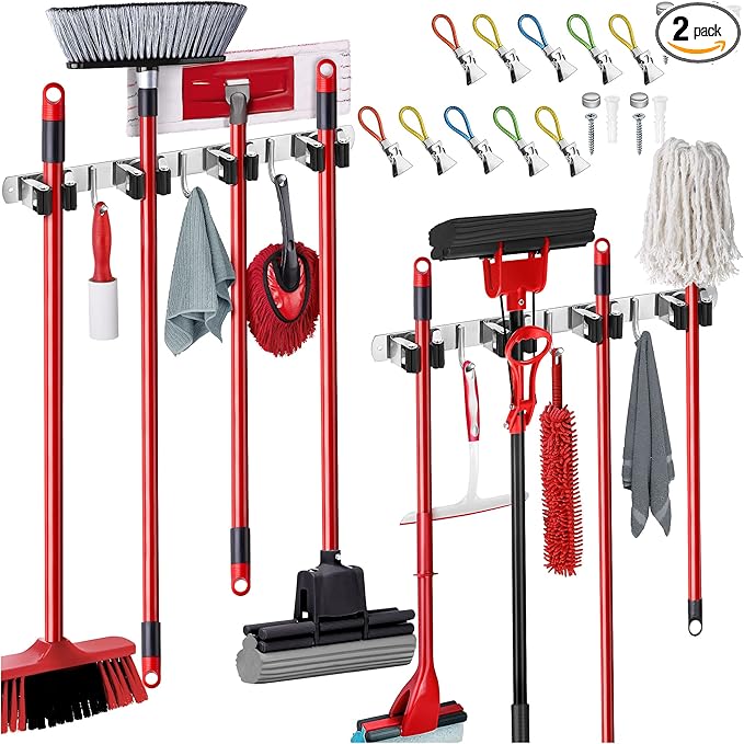 2 Pack Mop and Broom Holder Wall Mount – Self-Adhesive Stainless Steel broom hanger organizer – 4 Clamps, 3 Hooks – Holds Up to 40 Lbs-NeatNest