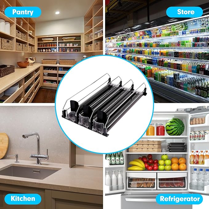 Drink Dispenser for Refrigerator, Self-Pushing Soda Can Organizer for Fridge, 3 Rows has been Assembled, Automatic Can Organizer with Spring Loaded for Refrigerator Holds 15 cans, Black