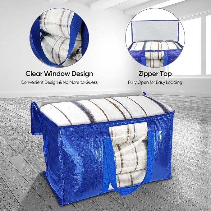 BALEINE 2-Pack Oversized Moving Bags with Reinforced Handles, Heavy-Duty Storage Tote Moving Supplies for Packaging, Camping (Blue w/Window, 2-Pack)-NeatNest
