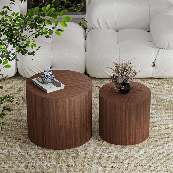Round Wood Coffee Table Set of 2 Modern Circle Nesting Coffee Table Handcrafted Drum Nesting Table Nesting Coffee Tables for Living Room for Small Space (Dark Wood (D18.2+D14.6 inch))
