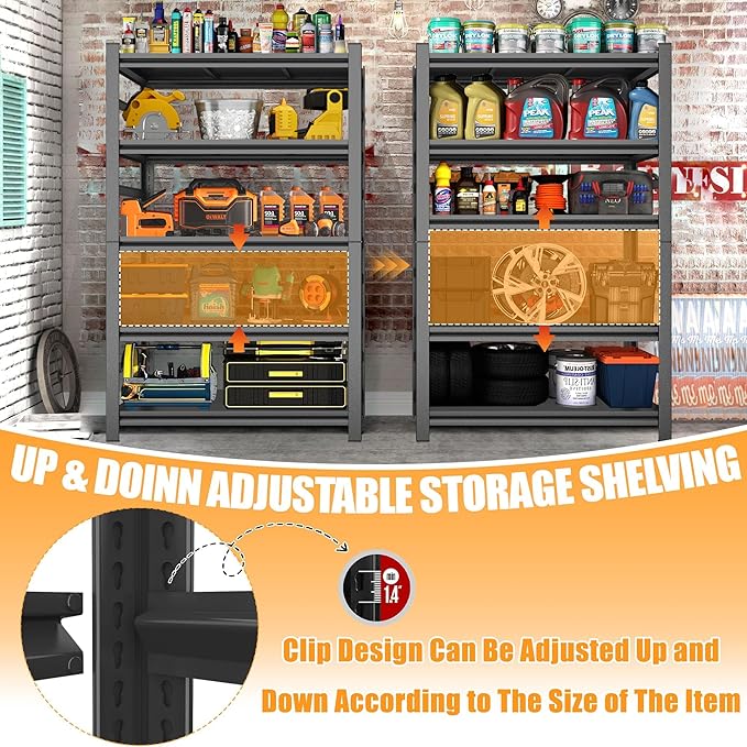 87" H Garage Shelving 3000LBS Capacity Heavy Duty Storage Shelves, Adjustable 5 Tier Metal Industrial Shelf for Kitchen, Utility Room, Warehouse and Basement,24" Dx47 Wx87 H, Black