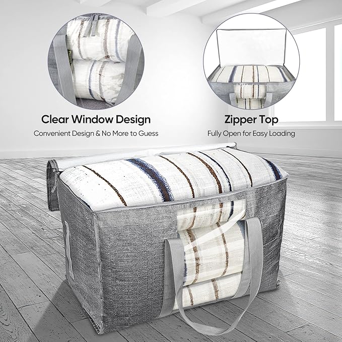 BALEINE 4-Pack Oversized Moving Bags with Reinforced Handles, Heavy-Duty Storage Tote for Clothes, Moving Supplies (Grey with Window, 4 Pack)-NeatNest