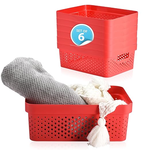 Bins & Things Plastic Storage Bin - Basket Organizer Bins - Suitable as Laundry Bin, Closet Basket, Book Shelf, Pantry Storage - Room Essentials - For Bathroom, Cabinet, & Kitchen - Set of 6 - Red-NeatNest