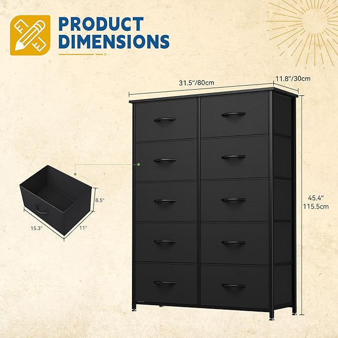 DWVO 10 Drawers Dresser, Fabric Dresser, Fabric Storage Tower, Organizer Unit for Bedroom, Living Room, Hallway, Closets-NeatNest