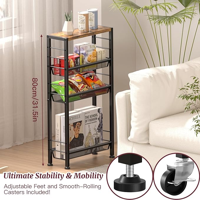 Slim Rolling Cart, 4-Tier Narrow Kitchen Storage Cart, Slim Utility Cart on Wheel, Skinny Bathroom Storage cart with Wood Tabletop, 6.0" Deep, for Kitchen, Dining Room, Living Room, Laundry Room