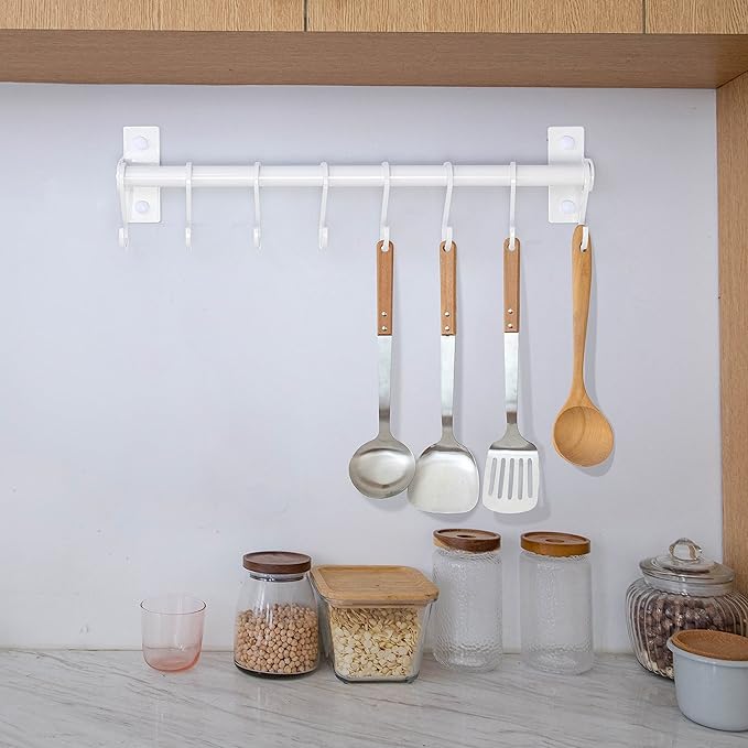 Dseap Kitchen Utensil Holder Hanger, Pot and Pan Rack Wall Mounted, Kitchen Rail with 8 Hooks for Hanging Cooking Utensils, Mugs, Spoons, Wall Mounted, White, Pack of 2-NeatNest
