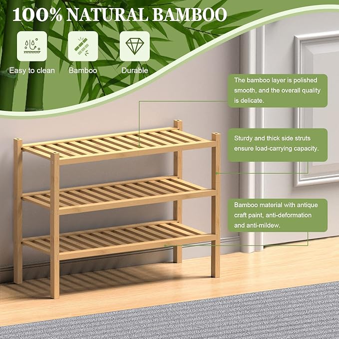 (Thick Bamboo Shoe Rack for Entryway, 3-Tier Free Standing Shoe Racks Stackable Shoe Rack Organizer for Hallway Closet Living Room 27 x12 x21 Inches-NeatNest
