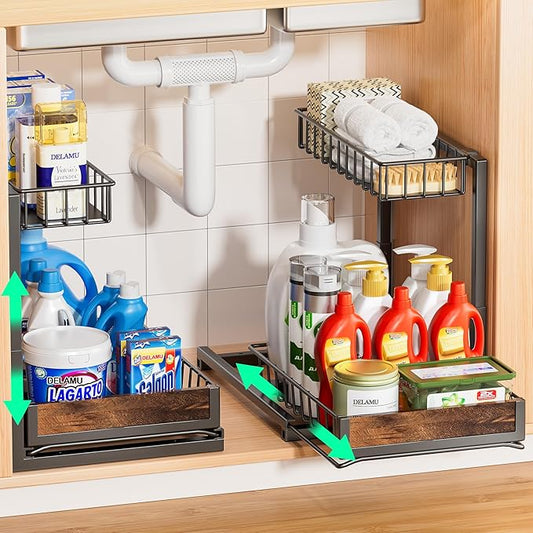 Delamu 2 Pack Under Sink Organizer and Storage, Height Adjustable Under Kitchen Sink Organizer, 2 Tier Pull Out Under Cabinet Organizer, Black Under Counter Storage for Kitchen Bathroom-NeatNest