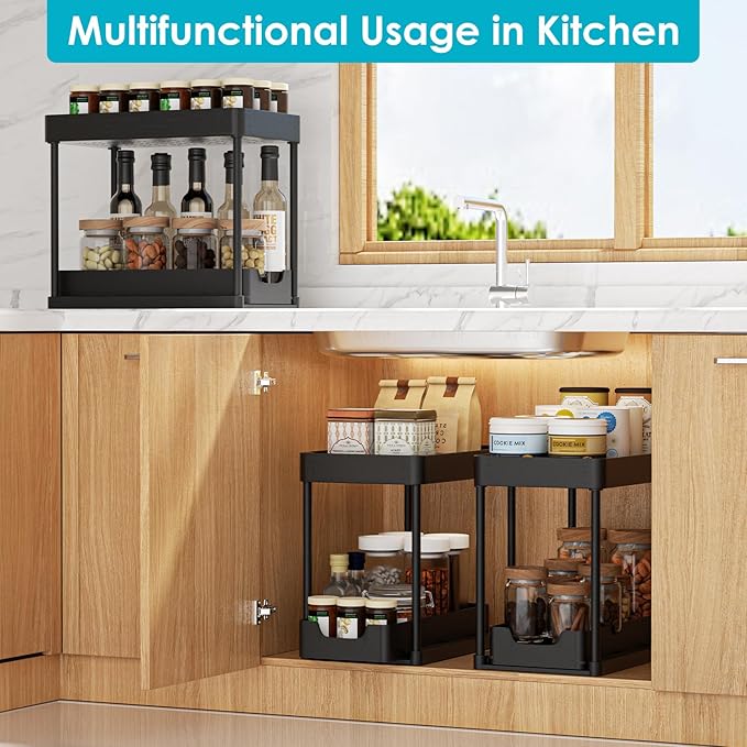 2 Pack Under Sink Organizer with Sliding Basket - 2 Tier Metal Cabinet Storage Shelf for Bathroom, Kitchen Sink - Adjustable Shelves, Space Saver,Black-NeatNest