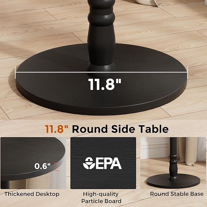 Round Side Tables Set of 2, Solid Wood Pillar with Wood Top & Base, Small Drink Accent Table for Living Room, Bedroom, Sofa & Office, Easy Assembly, Black
