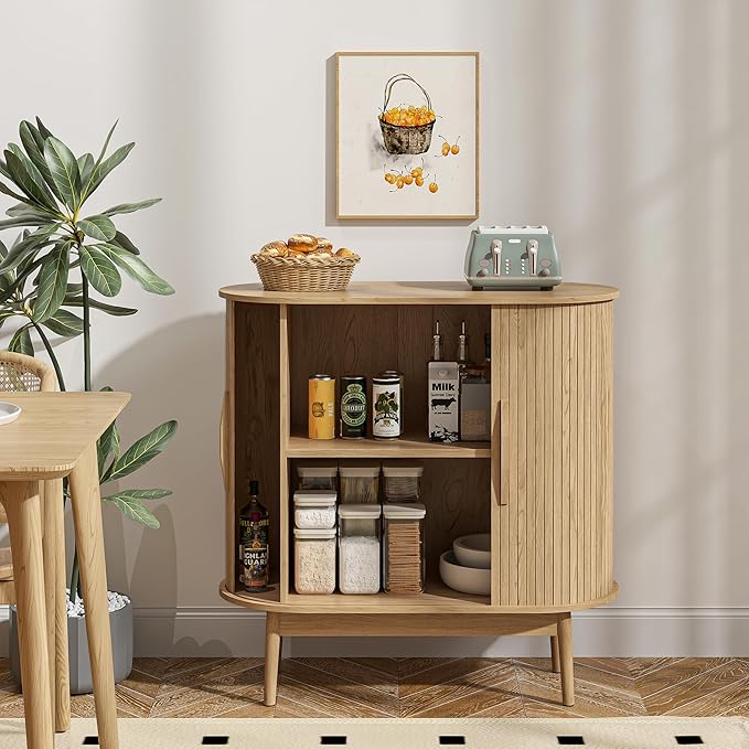 Accent Small Storage Cabine, Buffet Cabinet with Storage, Mid Century Modern Sliding Door Sideboard Cabinet for Kitchen, Entryway (Oak)
