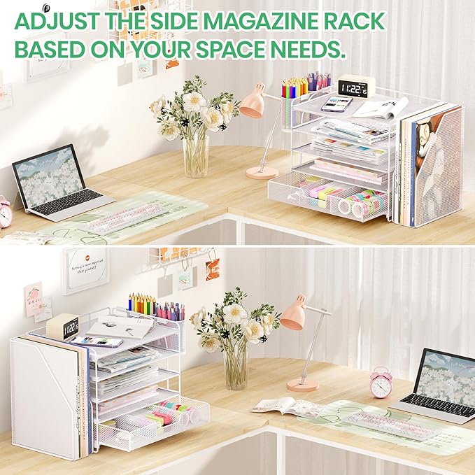 Desk Organizers and Accessories, 5-Tier Paper File Organizer with Drawer & Pen Holder, Office Desk Accessories Workspace Desktop Organizer for Office Supplies (White)-NeatNest