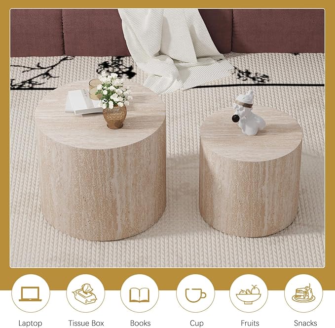 Round Coffee Table Set of 2 Modern Nesting Coffee Tables Wooden Drum Coffee Tables with Non-Slip Feet, Circle Nesting Tables End Table for Living Room Office, No Assembly (Travertine 18.11"+14.57")