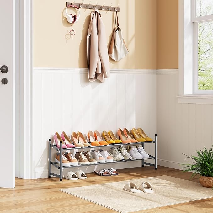Tajsoon 2 Tier Expandable Shoe Rack for Closet, 28“-41“Adjustable & Stackable Shoe Shelf Storage, Metal Shoe Rack Organizer for Front Door Entrance, Closet, Garage, Entryway, Grey-NeatNest