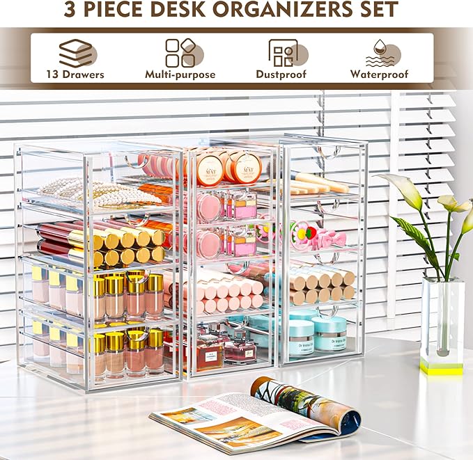 Acrylic Desk Organizers And Accessories With 13 Drawers, Office Desktop Drawers, Plastic Makeup Organizer Containers Bins With Drawers Desk Organization, Bathroom Organizers Storage Case Box Cube-NeatNest