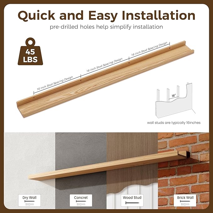 Floating Shelves for Wall | Picture Ledge Shelf Set of 2 | Solid Ash Wood Floating Shelves with Lip | 55 Inch Natural Wood Picture Shelf for Wall with Ledge | Photo Ledge Shelves-NeatNest
