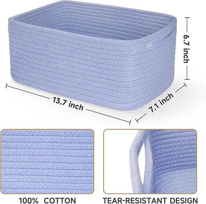 3-Pack Storage Baskets for Organizing | Woven Shelf Toy Basket | Rope Baskets for Gifts Empty | Closet Organizer Bins with Handles | Cube Decorative Box | 13.7×7.1×6.7” | Sky Blue-NeatNest