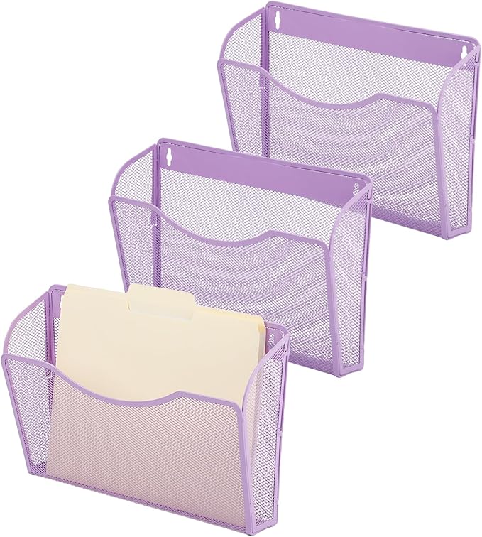 EASEPRES 3 Single Pocket Mesh Hanging File Organizer, Vertical Wall Mounted Magazine File Holder, Mount Basket Mail Paper Document Folder Organizing for Office, Home and School, Light Purple
