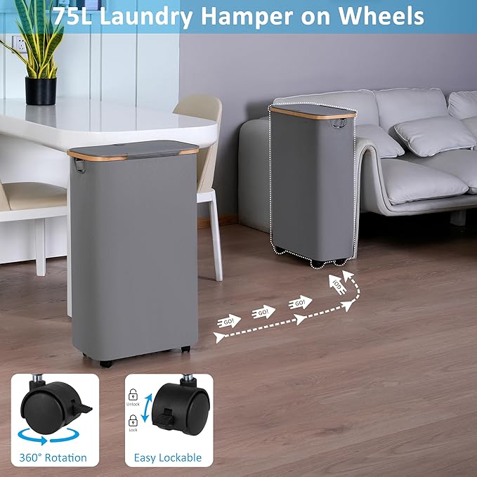 efluky Slim Laundry Basket with Wheels, Narrow Rolling Laundry Hamper with Lid and Removable Bag, Tall Aesthetic Dirty Clothes Hamper on Wheels for Laundry Room, Bedroom, Dorm and Bathroom, 75L Grey-NeatNest