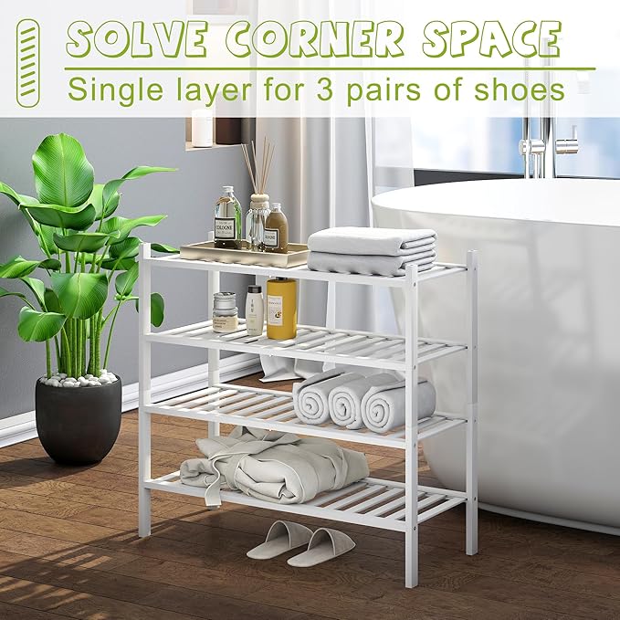 BMOSU 4-Tier Bamboo Shoe Rack Premium Stackable Shoe Shelf Storage Organizer for Hallway Closet Living Room Entryway Organizer(White Bamboo)-NeatNest