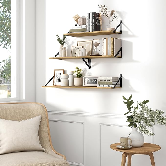 Fun Memories Deep Floating Shelves for Wall, 24W x 8D Wall Mounted Shelves Set of 2, Wide Display Ledge Shelf with Sturdy Metal Brackets for Living Room, Bathroom, Bedroom and Kitchen, Oak-NeatNest